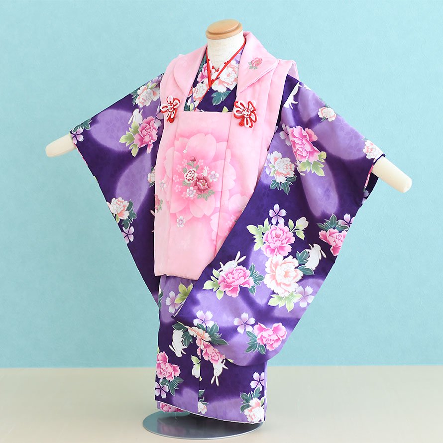 激安格安 七五三着物三歳女の子レンタル（030014）紫・ピンク/花