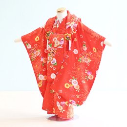 七五三着物三歳女の子レンタル（030019）赤/花・折り鶴