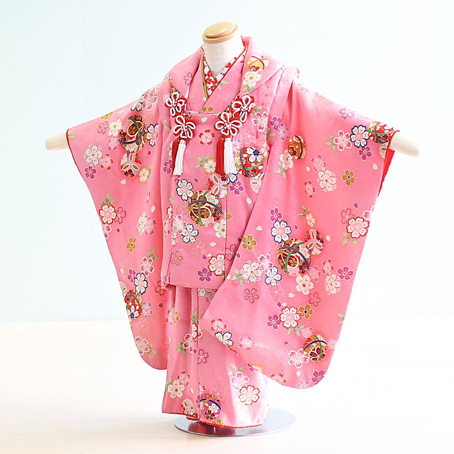 激安格安 七五三着物三歳女の子レンタル（3-25）ピンク/桜・まり 正絹 