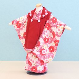 七五三着物三歳女の子レンタル（3-16）赤・クリーム/菊・うさぎ　ジャパンスタイル