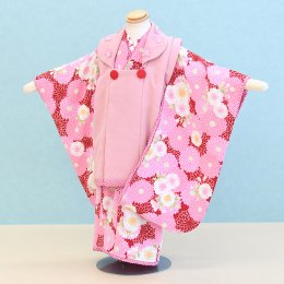 七五三着物三歳女の子レンタル（3-33）ピンク/菊・うさぎ　ジャパンスタイル