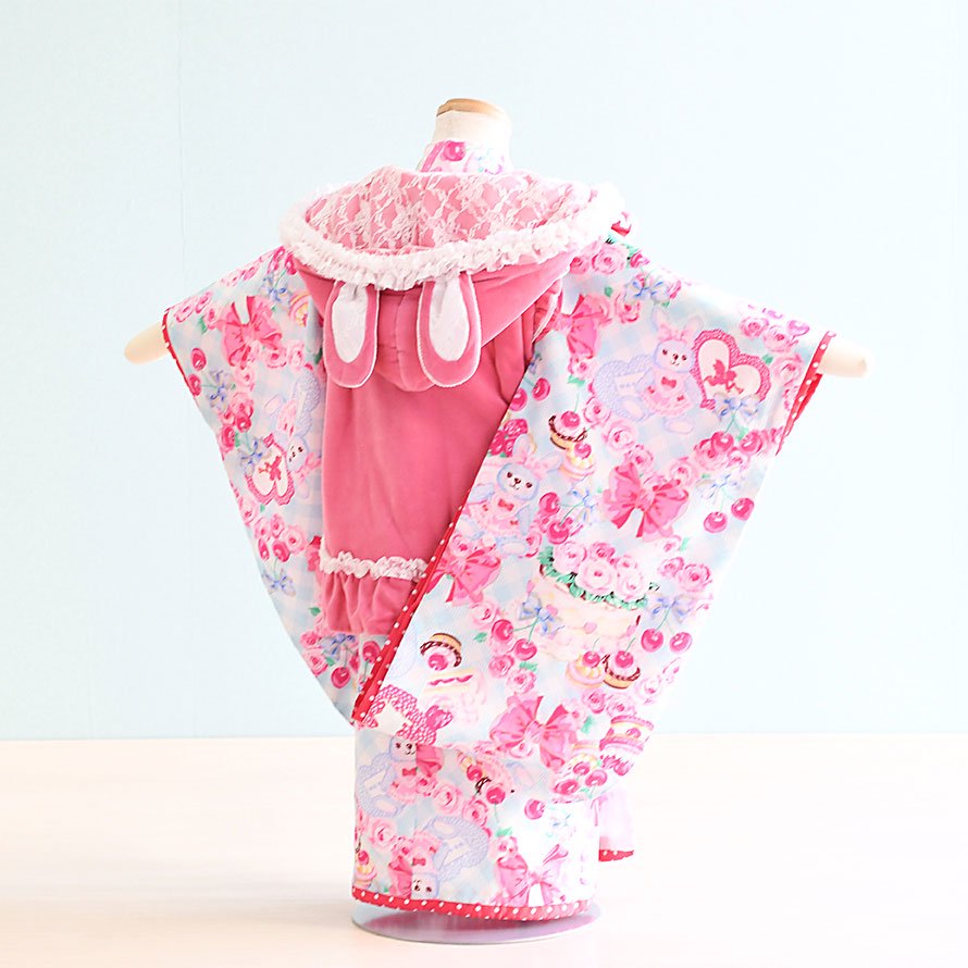 激安格安 七五三着物三歳女の子レンタル（030042）水色・ピンク/ケーキ