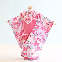 七五三着物三歳女の子レンタル（3-42）水色・ピンク/ケーキ・うさ耳　松田聖子