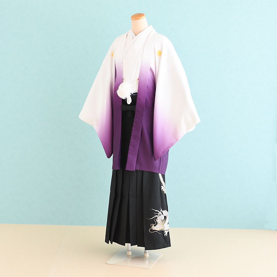 激安格安 成人式男性袴レンタル（DH0013）6号 白・紫/ぼかし|黒/縞・龍