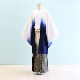 卒業式男性袴レンタル（DH0009）8号　白・青/ぼかし|金・黒/ぼかし・紋