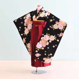 女児袴レンタル（7-21-ha_e）6〜7歳　黒/花|エンジ/刺繍・桜