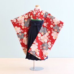 女児袴レンタル（7-19-ha_k）6〜7歳　赤/花|紺/刺繍・桜