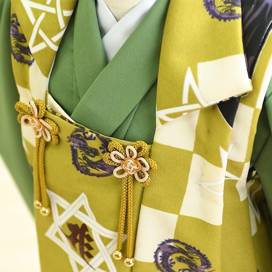 激安格安 七五三着物三歳男の子被布レンタルセット 3m 4 抹茶 若草色 龍 格子 東京レンタルいしょう