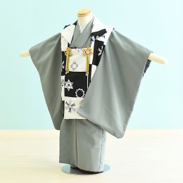 三歳男の子着物レンタル（3M0006）グリーングレー・黒×白/格子