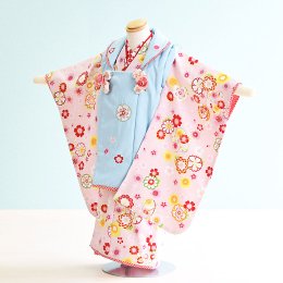 七五三着物三歳女の子レンタル（3-44）ピンク・水色/花