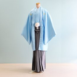 成人式男性袴レンタル（DH0026）8号　水色|黒・グレー/縞