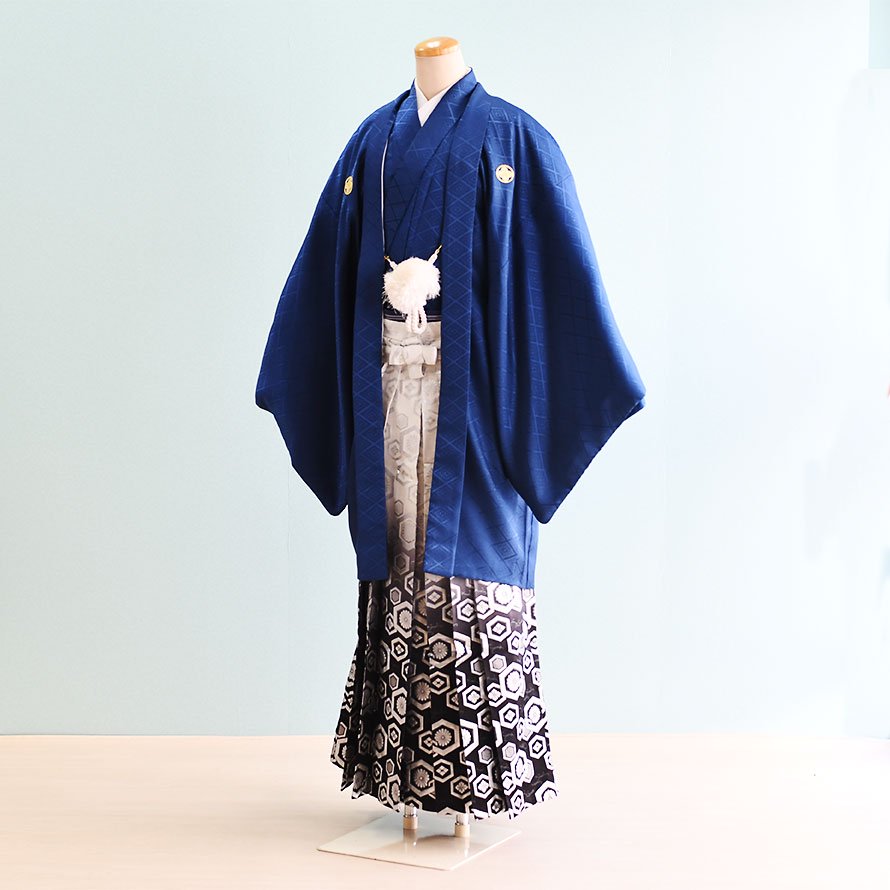 激安格安 成人式男性袴レンタル（DH0027）8号 青|黒・白/ぼかし・紋