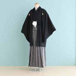 成人式男性袴レンタル（DH0041）5号　黒|黒・グレー/縞