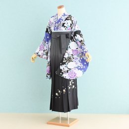 卒業袴レンタル（SF-24-SH-28）L　黒×青紫/バラ|グレー/ぼかし・刺繍・桜