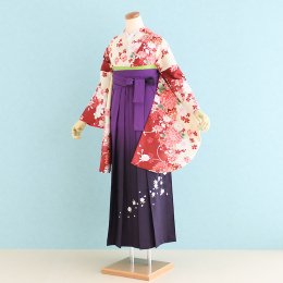 卒業袴レンタル（SF-26-SH-30）L　ベージュ×エンジ/菊|紫/ぼかし・刺繍・桜