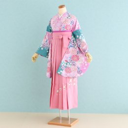 卒業袴レンタル（SF-27-SH-32）M　エメラルドグリーン×紫/菊・桜|パステルピンク/刺繍