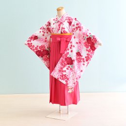 女児ジュニア袴レンタル（JG0001）12〜13歳　白×ピンク/バラ|ピンク/刺繍・桜