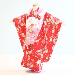 七五三着物三歳女の子レンタル（3-52）赤・白×ピンク/花・まり　かわいいな