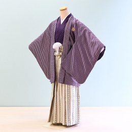 男児ジュニア袴レンタル（JB-4）12〜13歳　紫/斜め格子|金/縞・格子