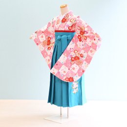 女児ジュニア袴レンタル（JG0003）12〜13歳　白×ピンク/格子|水色/刺繍・桜