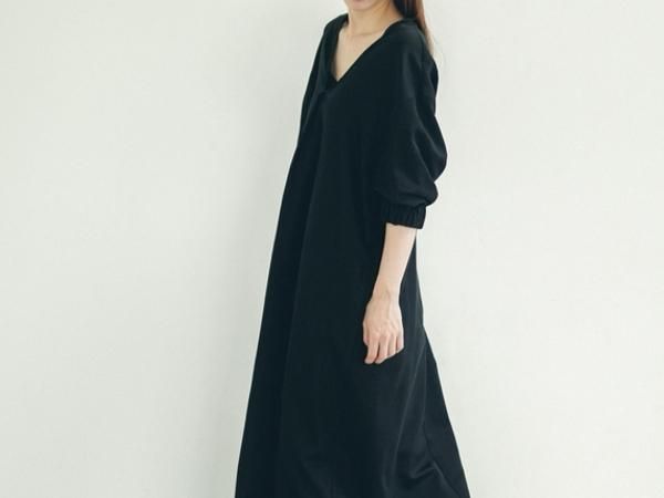 humoresque��puff sleeve V neck dress��black