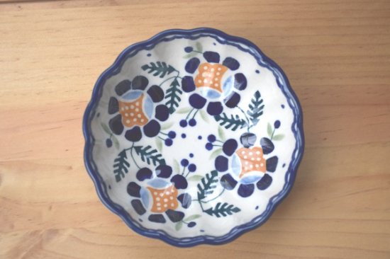 ポーランド食器（ポーリッシュポタリー）の花型ボウル１２ｃｍ、ＲＵ青いばら柄 、No.115127466- 　ポーリッシュブルー