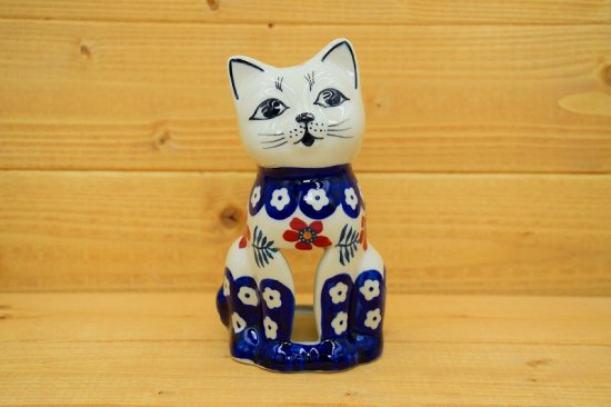 ポーランド食器、猫型アロマポット　赤い小花柄、No.154614135 -ポーリッシュブルー