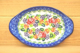 大特価 ポーランド食器 ハート小皿 朱色と青色のお花のリース