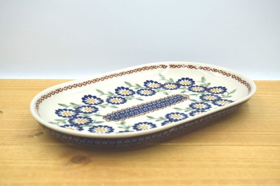 ポーリッシュポタリー オーバル皿(水色の花)