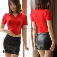薄手ストレッチ素材で出来たポロシャツ型のセクシーなトップス(TOPS) レッド