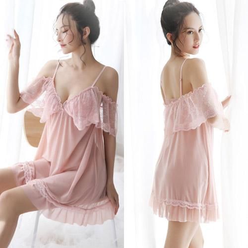 【只今セール中】ふんわりレースとオフショルがドレッシーなベビードール(BABYDOLL) ピンク