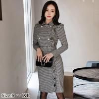 チェック柄のダブルボタンの膝丈コート風ワンピースドレス(キャバドレス・CABARETDRESS)