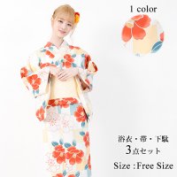 椿と桜の古典柄で明るめのカラーでかわいらしく仕上げた浴衣3点セット(YUKATA)