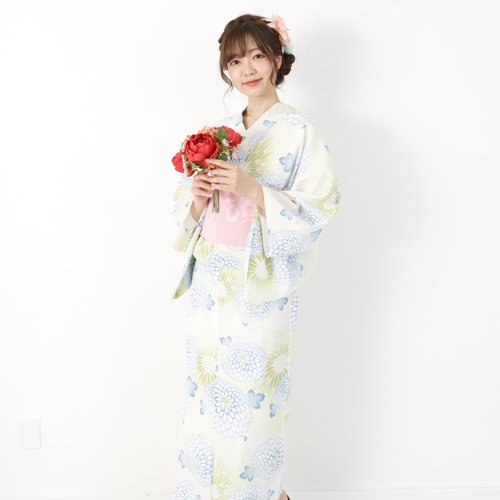 古典柄の菊柄を淡い色使いで年齢問わず着られる浴衣3点セット(YUKATA