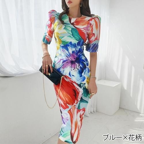 大胆なフラワープリントが華やかなミディ丈ワンピース(キャバドレス・CABARETDRESS)