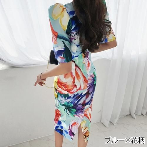大胆なフラワープリントが華やかなミディ丈ワンピース(キャバドレス・CABARETDRESS)
