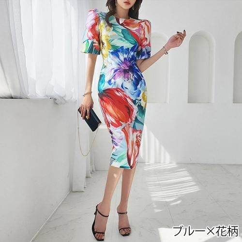 大胆なフラワープリントが華やかなミディ丈ワンピース(キャバドレス・CABARETDRESS)