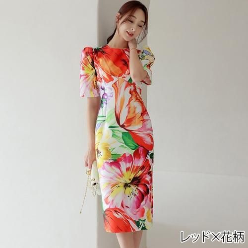 大胆なフラワープリントが華やかなミディ丈ワンピース(キャバドレス・CABARETDRESS)