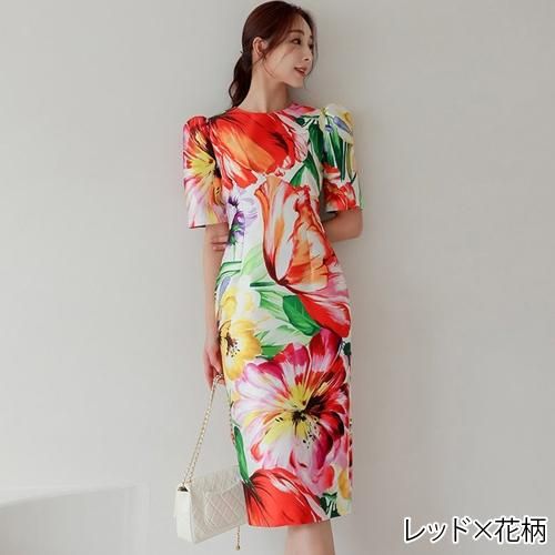 大胆なフラワープリントが華やかなミディ丈ワンピース(キャバドレス・CABARETDRESS)