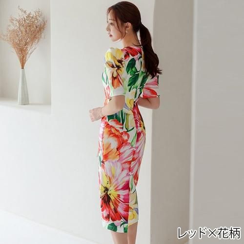 大胆なフラワープリントが華やかなミディ丈ワンピース(キャバドレス・CABARETDRESS)