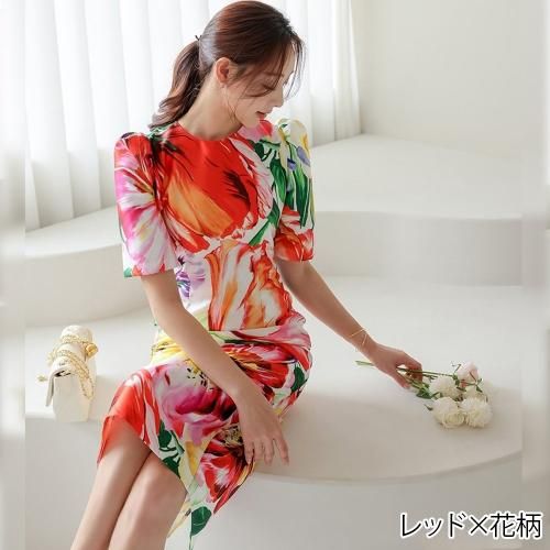 大胆なフラワープリントが華やかなミディ丈ワンピース(キャバドレス・CABARETDRESS)