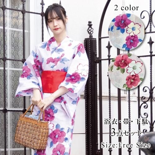 椿の花柄とストライプが品のある浴衣3点セット(YUKATA)