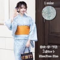 淡いブルーに白いバラの花柄浴衣3点セット(YUKATA)