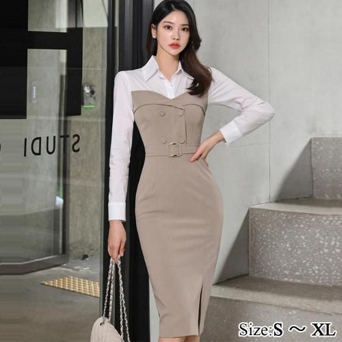 長袖シャツ風ドッキングワンピース(キャバドレス・CABARETDRESS