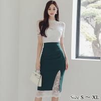 <img class='new_mark_img1' src='https://img.shop-pro.jp/img/new/icons5.gif' style='border:none;display:inline;margin:0px;padding:0px;width:auto;' />ハイネックレース半袖トップス＆スリットペンシルスカートセットアップ(キャバドレス・CABARETDRESS)