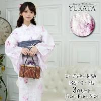 白地にピンクの線描と水彩調の花々が舞う浴衣3点セット(YUKATA)