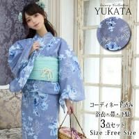 <img class='new_mark_img1' src='https://img.shop-pro.jp/img/new/icons5.gif' style='border:none;display:inline;margin:0px;padding:0px;width:auto;' />ブルーグレーに水彩画のような青い花々が描かれた浴衣3点セット(YUKATA)