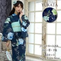 <img class='new_mark_img1' src='https://img.shop-pro.jp/img/new/icons5.gif' style='border:none;display:inline;margin:0px;padding:0px;width:auto;' />ネイビーにクラシカルな淡いグリーン系花柄浴衣3点セット(YUKATA)