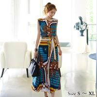 スカーフ柄バックスリットノースリトップス×ミモレ丈ラップスカートセットアップ(キャバドレス・CABARETDRESS)