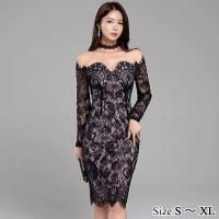 スカラップブラックレースオフショルダー長袖ワンピース(キャバドレス・CABARETDRESS)